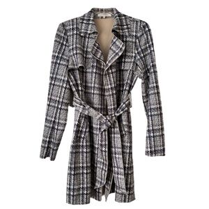 Solitaire Trench Wrap Coat, Sz. S, Gray/Cream Plaid, Belt, Pockets, Super Soft